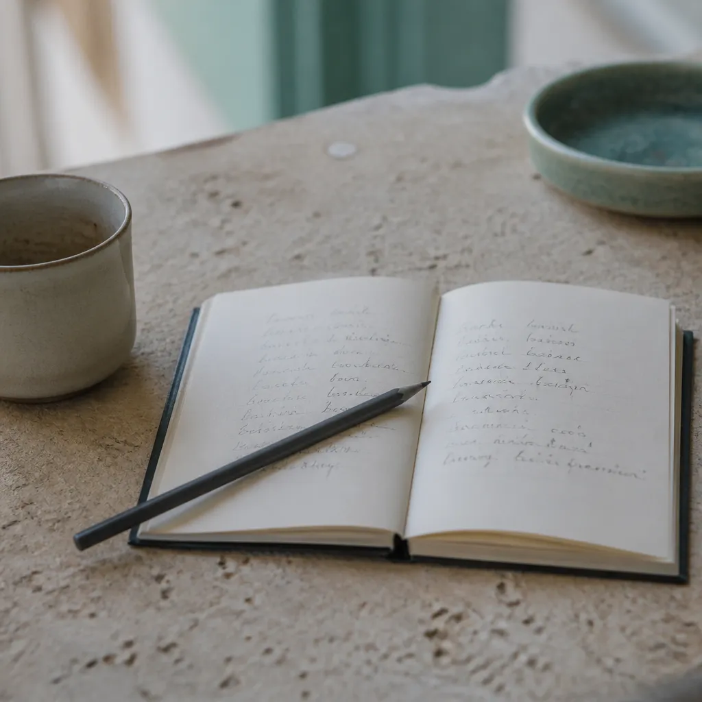 Carnet ouvert sur une table avec une liste manuscrite et un crayon posé
