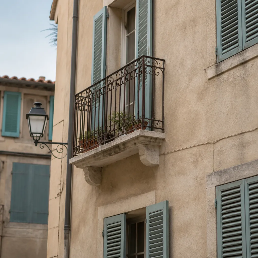 Détail de façade provençale ordinaire, volets et pierre claire, lumière du sud