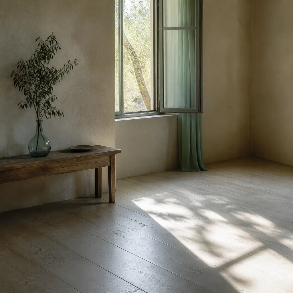 Fenêtre avec lumière filtrée et touche discrète de bleu-vert, intérieur sobre