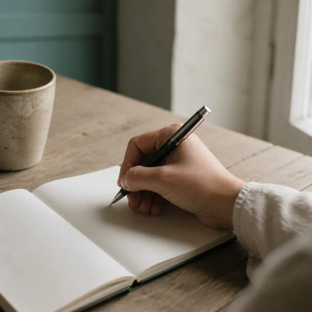 Main écrivant dans un carnet sur une table en bois, stylo, lumière douce de côté
